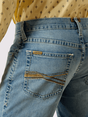 Ariat 10072948 Mens M4 Low Rise Gus Relaxed Boot Cut Jean Kayne back close up. If you need any assistance with this item or the purchase of this item please call us at five six one seven four eight eight eight zero one Monday through Saturday 10:00a.m EST to 8:00 p.m EST