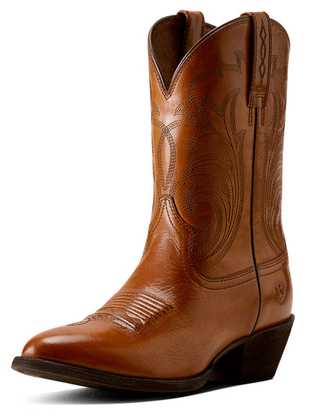 Ariat 10080379 Womens Heritage Noir R Toe Western Boot Dressy Cognac side / front view. If you need any assistance with this item or the purchase of this item please call us at five six one seven four eight eight eight zero one Monday through Saturday 10:00a.m EST to 8:00 p.m EST