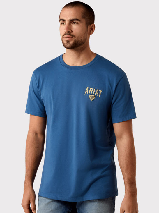 Ariat 10079268 Mens Lone Longhorn T-Shirt Grisalle Blue front view. If you need any assistance with this item or the purchase of this item please call us at five six one seven four eight eight eight zero one Monday through Saturday 10:00a.m EST to 8:00 p.m EST