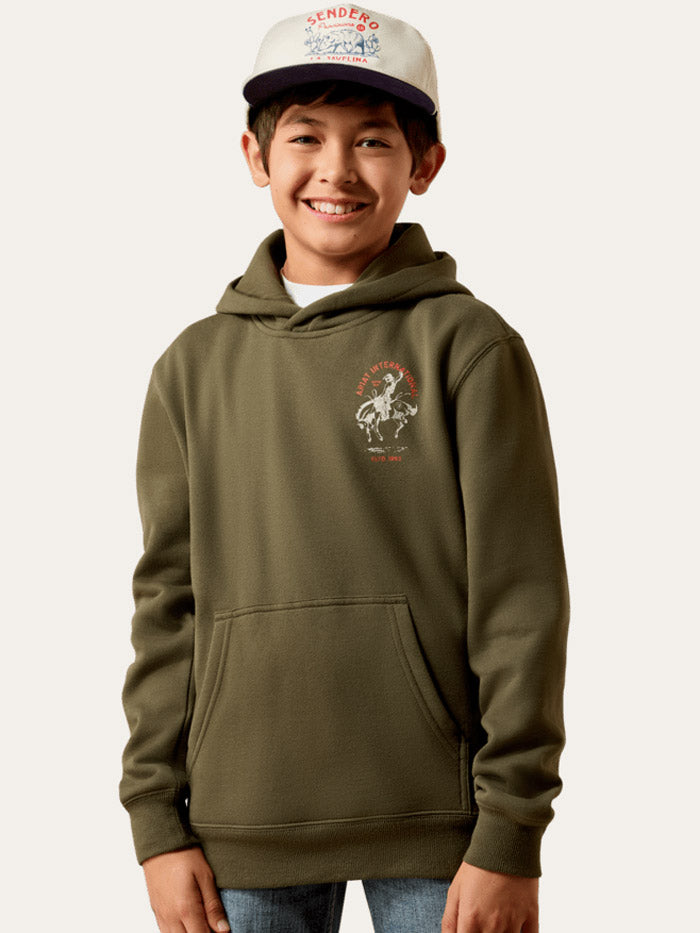 Ariat 10079613 Youth International Rodeo Hoodie Olive back view. If you need any assistance with this item or the purchase of this item please call us at five six one seven four eight eight eight zero one Monday through Saturday 10:00a.m EST to 8:00 p.m EST