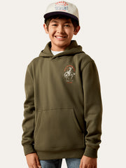 Ariat 10079613 Youth International Rodeo Hoodie Olive front view. If you need any assistance with this item or the purchase of this item please call us at five six one seven four eight eight eight zero one Monday through Saturday 10:00a.m EST to 8:00 p.m EST