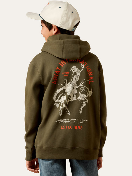 Ariat 10079613 Youth International Rodeo Hoodie Olive back view. If you need any assistance with this item or the purchase of this item please call us at five six one seven four eight eight eight zero one Monday through Saturday 10:00a.m EST to 8:00 p.m EST