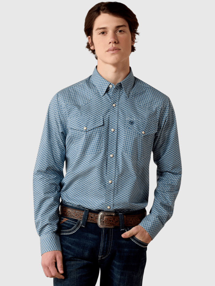 Ariat 10080597 Mens Pheonix Fitted Snap Shirt Blue front view. If you need any assistance with this item or the purchase of this item please call us at five six one seven four eight eight eight zero one Monday through Saturday 10:00a.m EST to 8:00 p.m EST
