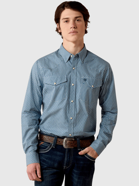 Ariat 10080597 Mens Pheonix Fitted Snap Shirt Blue front view. If you need any assistance with this item or the purchase of this item please call us at five six one seven four eight eight eight zero one Monday through Saturday 10:00a.m EST to 8:00 p.m EST
