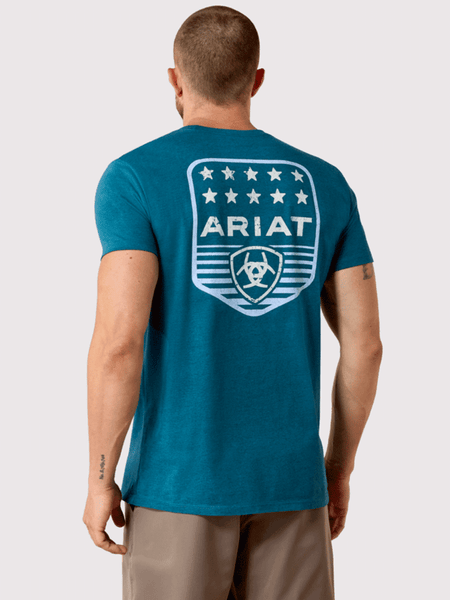 Ariat 10073965 Mens Stripe Patriotic Badge T-Shirt Monaco Blue back view. If you need any assistance with this item or the purchase of this item please call us at five six one seven four eight eight eight zero one Monday through Saturday 10:00a.m EST to 8:00 p.m EST
