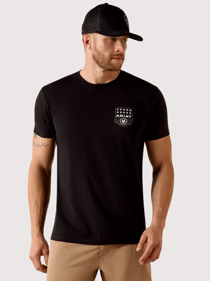 Ariat 10073966 Mens Stripe Patriotic Badge T-Shirt Black back view. If you need any assistance with this item or the purchase of this item please call us at five six one seven four eight eight eight zero one Monday through Saturday 10:00a.m EST to 8:00 p.m EST
