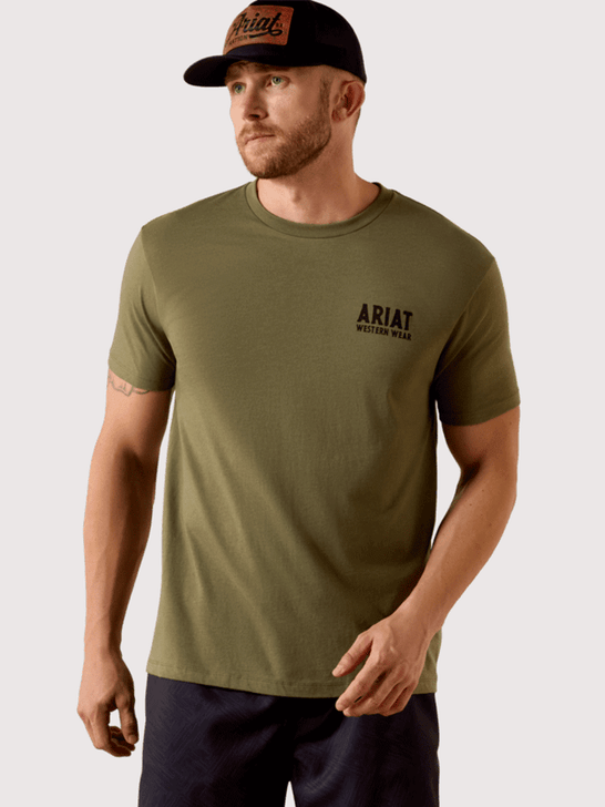 Ariat 10073962 Mens Outline Shop T-Shirt Military Heather front view. If you need any assistance with this item or the purchase of this item please call us at five six one seven four eight eight eight zero one Monday through Saturday 10:00a.m EST to 8:00 p.m EST