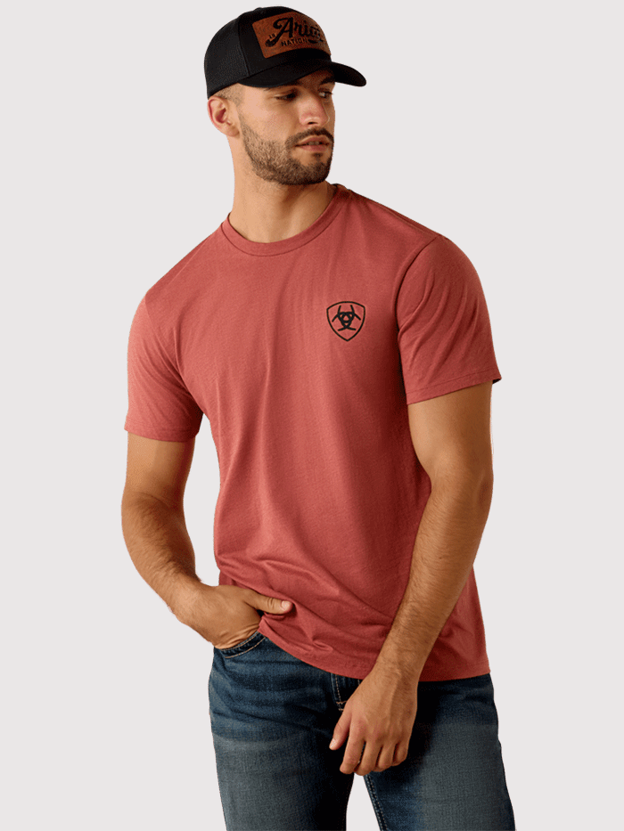 Ariat 10073957 Mens Banner Badge T-Shirt Red Clay Heather back view. If you need any assistance with this item or the purchase of this item please call us at five six one seven four eight eight eight zero one Monday through Saturday 10:00a.m EST to 8:00 p.m EST