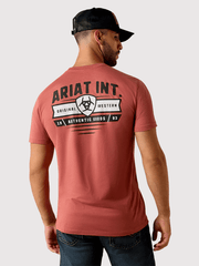 Ariat 10073957 Mens Banner Badge T-Shirt Red Clay Heather back view. If you need any assistance with this item or the purchase of this item please call us at five six one seven four eight eight eight zero one Monday through Saturday 10:00a.m EST to 8:00 p.m EST
