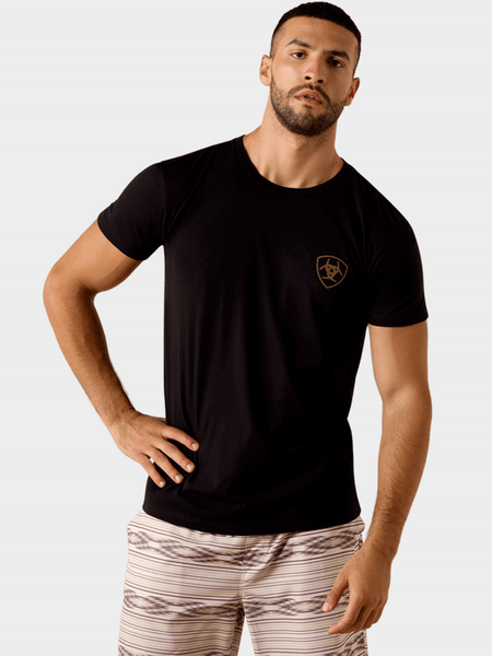 Ariat 10073958 Mens Banner Badge T-Shirt Black front view. If you need any assistance with this item or the purchase of this item please call us at five six one seven four eight eight eight zero one Monday through Saturday 10:00a.m EST to 8:00 p.m EST
