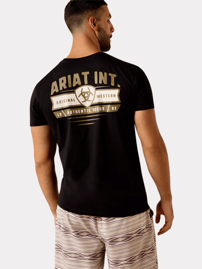 Ariat 10073958 Mens Banner Badge T-Shirt Black back view. If you need any assistance with this item or the purchase of this item please call us at five six one seven four eight eight eight zero one Monday through Saturday 10:00a.m EST to 8:00 p.m EST