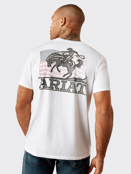 Ariat 10080253 Mens Freedom Flow T-Shirt White back view. If you need any assistance with this item or the purchase of this item please call us at five six one seven four eight eight eight zero one Monday through Saturday 10:00a.m EST to 8:00 p.m EST