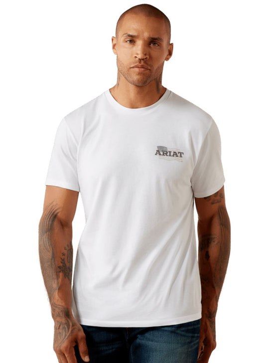 Ariat 10080253 Mens Freedom Flow T-Shirt White front view. If you need any assistance with this item or the purchase of this item please call us at five six one seven four eight eight eight zero one Monday through Saturday 10:00a.m EST to 8:00 p.m EST