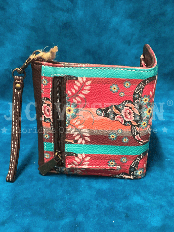 Catchfly 22035626WMUL Womens Steer Head Print Mini Wallet Turquoise And Coral front view. If you need any assistance with this item or the purchase of this item please call us at five six one seven four eight eight eight zero one Monday through Saturday 10:00a.m EST to 8:00 p.m EST