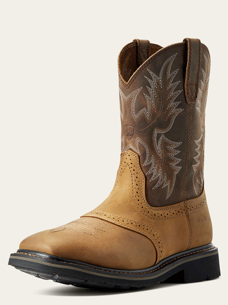 Ariat 10010148 Mens Sierra Wide Square Toe Work Boot Aged Bark Tan front and side view. If you need any assistance with this item or the purchase of this item please call us at five six one seven four eight eight eight zero one Monday through Saturday 10:00a.m EST to 8:00 p.m EST