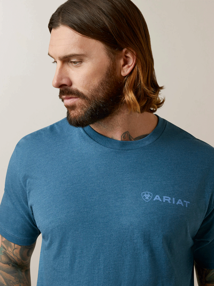 Ariat 10045279 Mens Mountain Flag T-Shirt Steel Blue Heather back view. If you need any assistance with this item or the purchase of this item please call us at five six one seven four eight eight eight zero one Monday through Saturday 10:00a.m EST to 8:00 p.m EST