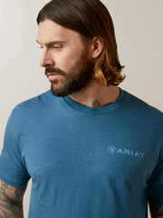 Ariat 10045279 Mens Mountain Flag T-Shirt Steel Blue Heather front view close up. If you need any assistance with this item or the purchase of this item please call us at five six one seven four eight eight eight zero one Monday through Saturday 10:00a.m EST to 8:00 p.m EST