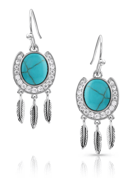 Montana Silversmiths ER5722 Womens Catching Luck Turquoise Horseshoe Earrings Silver front. If you need any assistance with this item or the purchase of this item please call us at five six one seven four eight eight eight zero one Monday through Saturday 10:00a.m EST to 8:00 p.m EST

