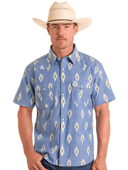 Panhandle PMN3S06561 Mens Ikat Print Short Sleeve Snap Shirt Light Blue front view. If you need any assistance with this item or the purchase of this item please call us at five six one seven four eight eight eight zero one Monday through Saturday 10:00a.m EST to 8:00 p.m EST