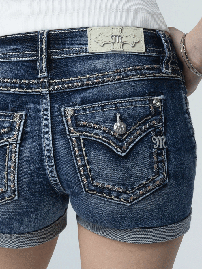 Miss Me M5014H401 Womens Barely Stitched Pink Shorts Denim Blue front view. If you need any assistance with this item or the purchase of this item please call us at five six one seven four eight eight eight zero one Monday through Saturday 10:00a.m EST to 8:00 p.m EST