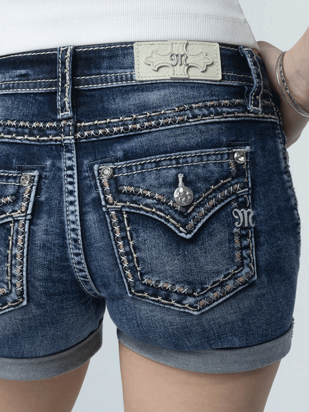 Miss Me M5014H401 Womens Barely Stitched Pink Shorts Denim Blue back close up view. If you need any assistance with this item or the purchase of this item please call us at five six one seven four eight eight eight zero one Monday through Saturday 10:00a.m EST to 8:00 p.m EST