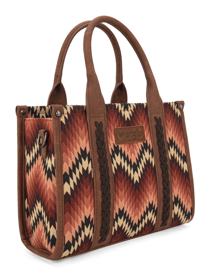 Wrangler WG2211-8120SBR Womens Southwestern Pattern Dual Sided Print Tote Crossbody Bag Brown front and side view. If you need any assistance with this item or the purchase of this item please call us at five six one seven four eight eight eight zero one Monday through Saturday 10:00a.m EST to 8:00 p.m EST