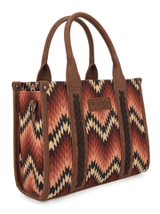 Wrangler WG2211-8120SBR Womens Southwestern Pattern Dual Sided Print Tote Crossbody Bag Brown side view no strap. If you need any assistance with this item or the purchase of this item please call us at five six one seven four eight eight eight zero one Monday through Saturday 10:00a.m EST to 8:00 p.m EST