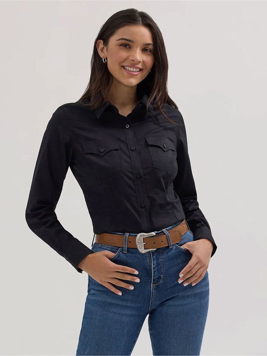 Wrangler 112358012 Womens Western Button Down Shirt Black front view. If you need any assistance with this item or the purchase of this item please call us at five six one seven four eight eight eight zero one Monday through Saturday 10:00a.m EST to 8:00 p.m EST