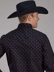 Roper 03-001-0064-0151 Mens Long Sleeve Performance All Over Print Snap Shirt Black back view. If you need any assistance with this item or the purchase of this item please call us at five six one seven four eight eight eight zero one Monday through Saturday 10:00a.m EST to 8:00 p.m EST