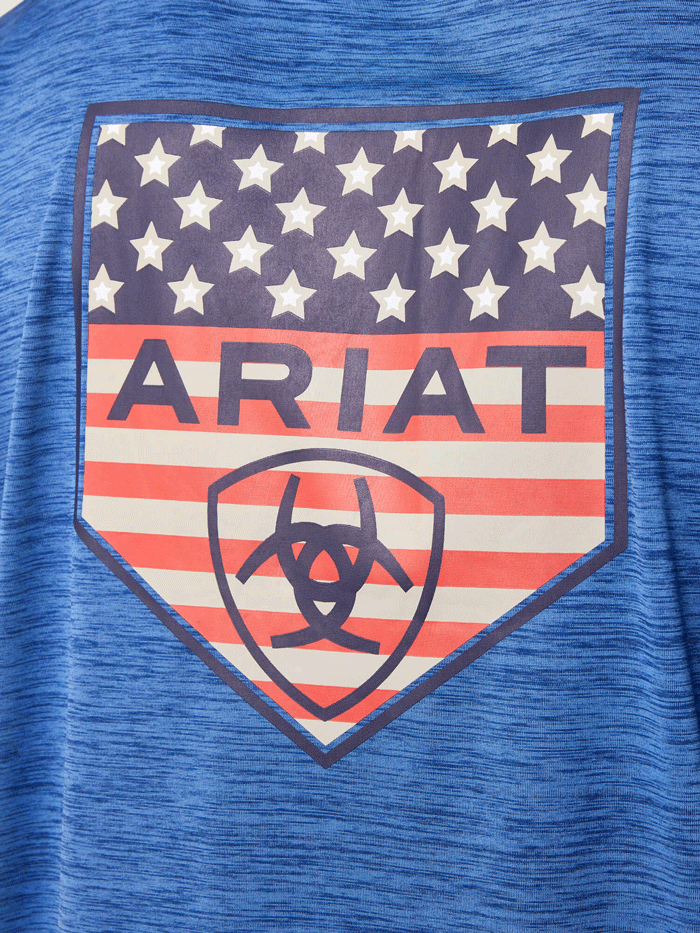 Ariat 10043764 Mens Charger Proud Shield T-Shirt Monaco Blue back view. If you need any assistance with this item or the purchase of this item please call us at five six one seven four eight eight eight zero one Monday through Saturday 10:00a.m EST to 8:00 p.m EST