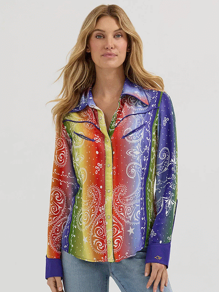 Wrangler 112360593 Womens X Lainey Wilson Rainbow Bandana Western Snap Shirt Multicolor front view. If you need any assistance with this item or the purchase of this item please call us at five six one seven four eight eight eight zero one Monday through Saturday 10:00a.m EST to 8:00 p.m EST