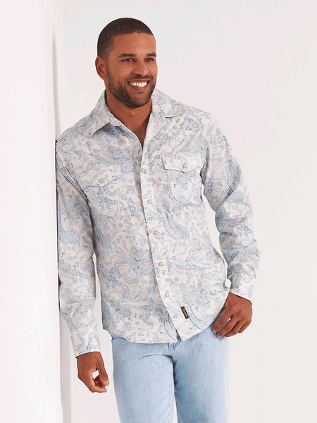 Wrangler 112327790 Mens Retro Premium Long Sleeve Shirt Toile Blue front view closed. If you need any assistance with this item or the purchase of this item please call us at five six one seven four eight eight eight zero one Monday through Saturday 10:00a.m EST to 8:00 p.m EST