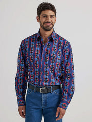 Wrangler 112337427 Mens Checotah Printed Shirt Vibrant Blue front view. If you need any assistance with this item or the purchase of this item please call us at five six one seven four eight eight eight zero one Monday through Saturday 10:00a.m EST to 8:00 p.m EST