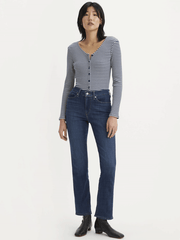 Levi's 392500050 Womens Classic Straight Fit Jean Dark Horse Navy full front view of model. If you need any assistance with this item or the purchase of this item please call us at five six one seven four eight eight eight zero one Monday through Saturday 10:00a.m EST to 8:00 p.m EST