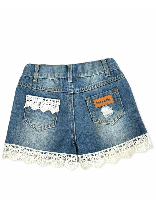 Shea Baby SBD02 Kids Denim Lace Shorts Blue back view. If you need any assistance with this item or the purchase of this item please call us at five six one seven four eight eight eight zero one Monday through Saturday 10:00a.m EST to 8:00 p.m EST