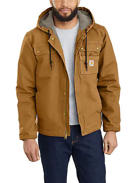 Carhartt 103826-BRN Mens Relaxed Fit Washed Duck Sherpa Lined Utility Jacket Brown front view. If you need any assistance with this item or the purchase of this item please call us at five six one seven four eight eight eight zero one Monday through Saturday 10:00a.m EST to 8:00 p.m EST