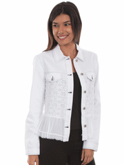 Scully HC465-WHT Womens Lace Inset Jean Jacket White front view. If you need any assistance with this item or the purchase of this item please call us at five six one seven four eight eight eight zero one Monday through Saturday 10:00a.m EST to 8:00 p.m EST