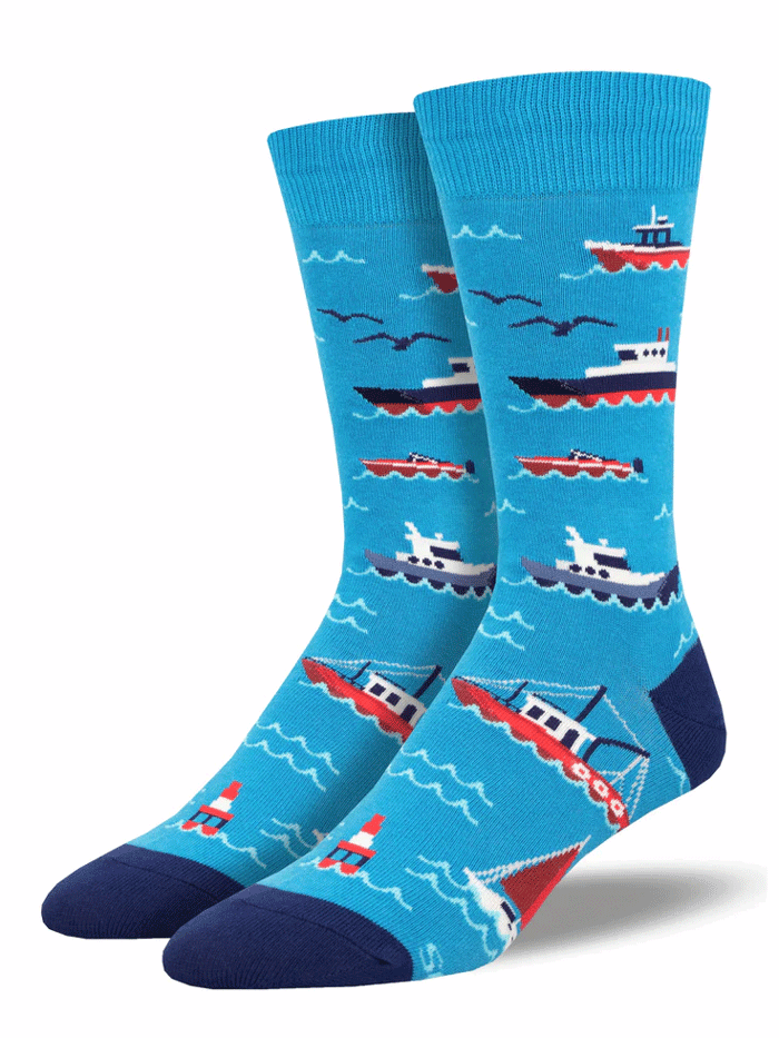 Socksmith MNC2915-BLU Mens Don't Rock The Boat Socks Blue front and side view. If you need any assistance with this item or the purchase of this item please call us at five six one seven four eight eight eight zero one Monday through Saturday 10:00a.m EST to 8:00 p.m EST