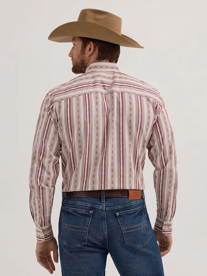 Wrangler 112357669 Mens Cody Johnson Button Down Stripe Shirt Burgundy front. If you need any assistance with this item or the purchase of this item please call us at five six one seven four eight eight eight zero one Monday through Saturday 10:00a.m EST to 8:00 p.m EST