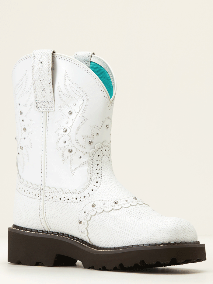 Ariat 10047012 Womens Fatbaby Gembaby Western Boot Snake Emboss White front and side view. If you need any assistance with this item or the purchase of this item please call us at five six one seven four eight eight eight zero one Monday through Saturday 10:00a.m EST to 8:00 p.m EST