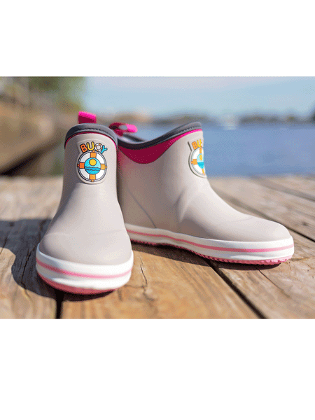 Buoy BB104 Kids Rubber Boots Grey And Pink front and side view. If you need any assistance with this item or the purchase of this item please call us at five six one seven four eight eight eight zero one Monday through Saturday 10:00a.m EST to 8:00 p.m EST