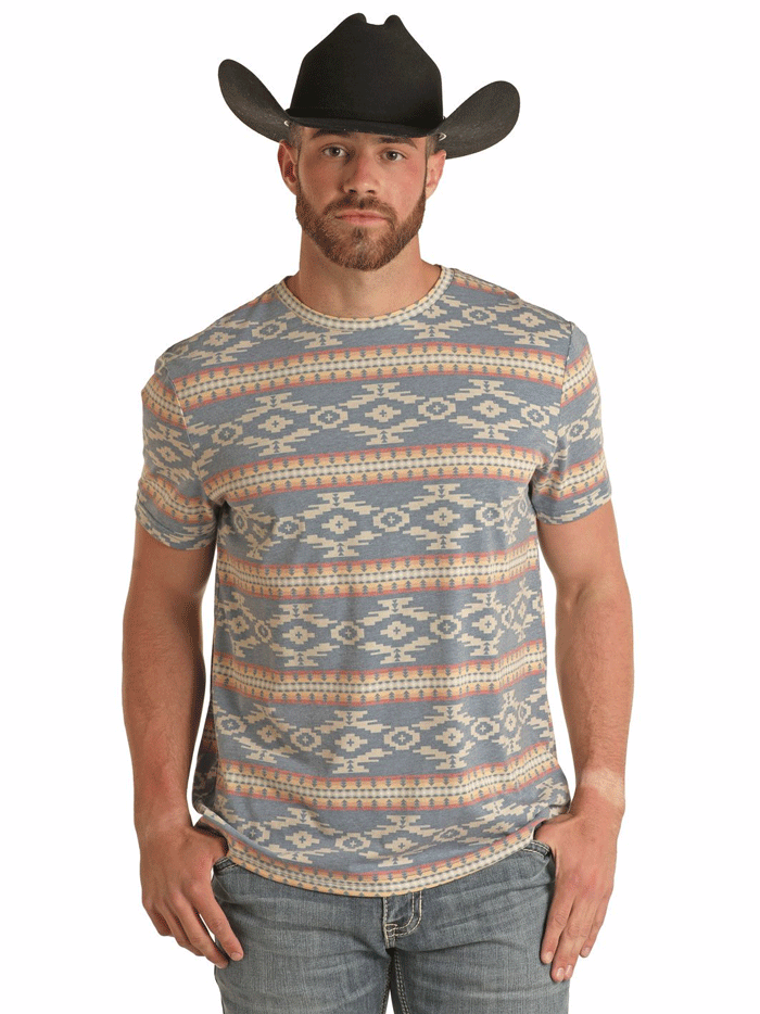 Rock & Roll Denim BU21T03021 Unisex All Over Aztec Print Tee Light Blue front view on male and female models. If you need any assistance with this item or the purchase of this item please call us at five six one seven four eight eight eight zero one Monday through Saturday 10:00a.m EST to 8:00 p.m EST