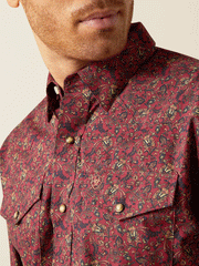 Ariat 10052618 Mens Samson Classic Fit Shirt Dark Red front close up view. If you need any assistance with this item or the purchase of this item please call us at five six one seven four eight eight eight zero one Monday through Saturday 10:00a.m EST to 8:00 p.m EST