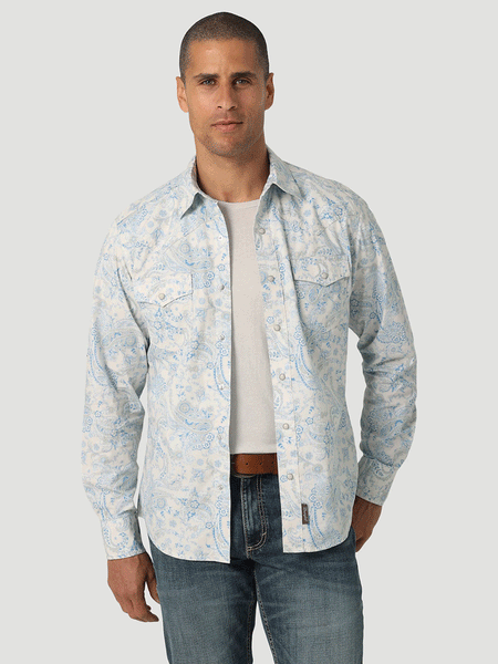 Wrangler 112327790 Mens Retro Premium Long Sleeve Shirt Toile Blue front view open. If you need any assistance with this item or the purchase of this item please call us at five six one seven four eight eight eight zero one Monday through Saturday 10:00a.m EST to 8:00 p.m EST