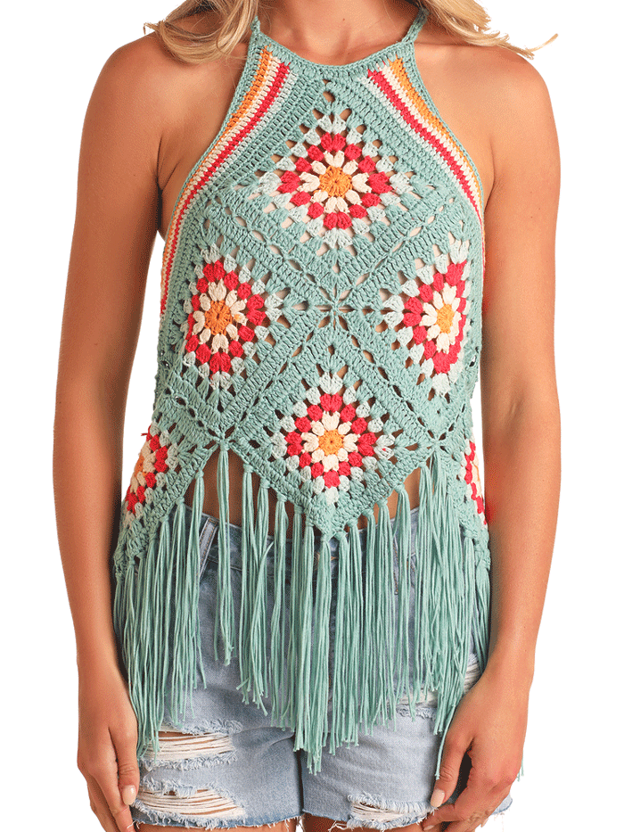 Rock & Roll Denim BW20T05965 Womens Crochet Fringe Halter Top Turquoise front view. If you need any assistance with this item or the purchase of this item please call us at five six one seven four eight eight eight zero one Monday through Saturday 10:00a.m EST to 8:00 p.m EST