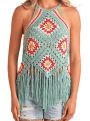 Rock & Roll Denim BW20T05965 Womens Crochet Fringe Halter Top Turquoise front close up. If you need any assistance with this item or the purchase of this item please call us at five six one seven four eight eight eight zero one Monday through Saturday 10:00a.m EST to 8:00 p.m EST