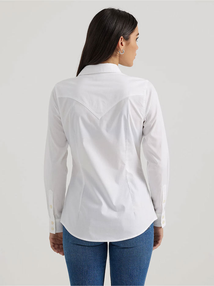 Wrangler 112358013 Womens Western Button Down Shirt White front view. 