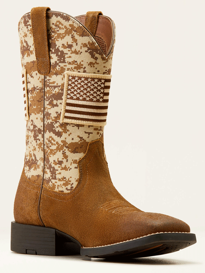 Ariat 10019959 Mens Sport Patriot Western Boot Antique Mocha Suede Camo front and side view. If you need any assistance with this item or the purchase of this item please call us at five six one seven four eight eight eight zero one Monday through Saturday 10:00a.m EST to 8:00 p.m EST