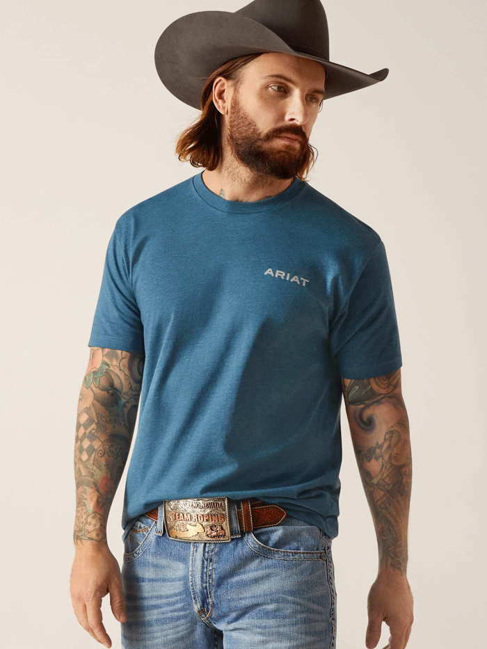 Ariat 10047902 Mens Western Wire T-Shirt Steel Blue Heather back view. If you need any assistance with this item or the purchase of this item please call us at five six one seven four eight eight eight zero one Monday through Saturday 10:00a.m EST to 8:00 p.m EST