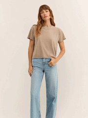 Z Supply ZT241208 Womens Go To Tee Iced Coffee Tan alternate front view untucked. If you need any assistance with this item or the purchase of this item please call us at five six one seven four eight eight eight zero one Monday through Saturday 10:00a.m EST to 8:00 p.m EST